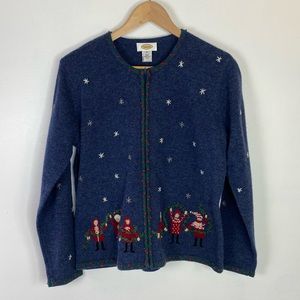 Talbots Blue Lambswool Embroidered Christmas Winter Cardigan Sweater Size M